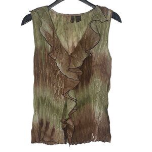 Serenade Vintage Y2K Sheer Ribbed Ruffle Sequin Top Sz XL Forest Fairy Crinkle